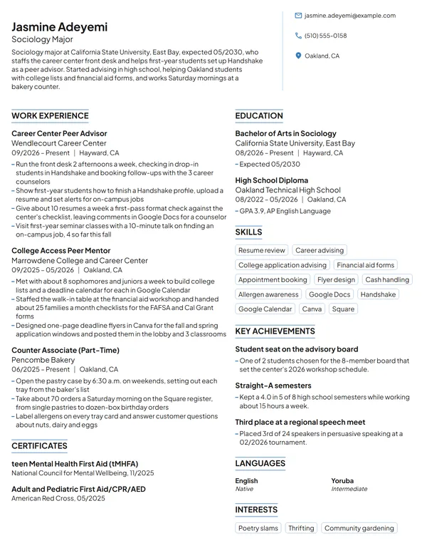 Career Center Peer Advisor resume example