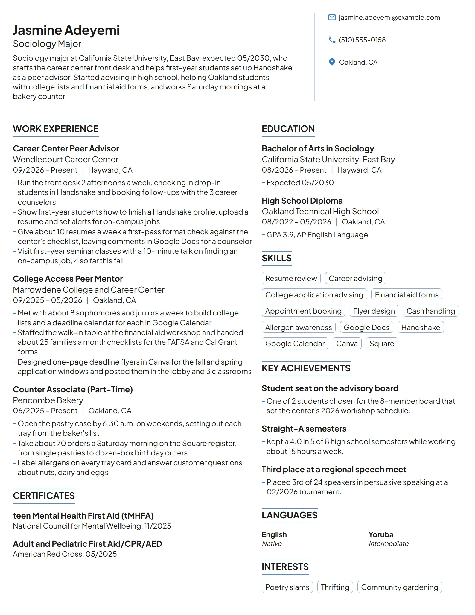 Career Center Peer Advisor resume example