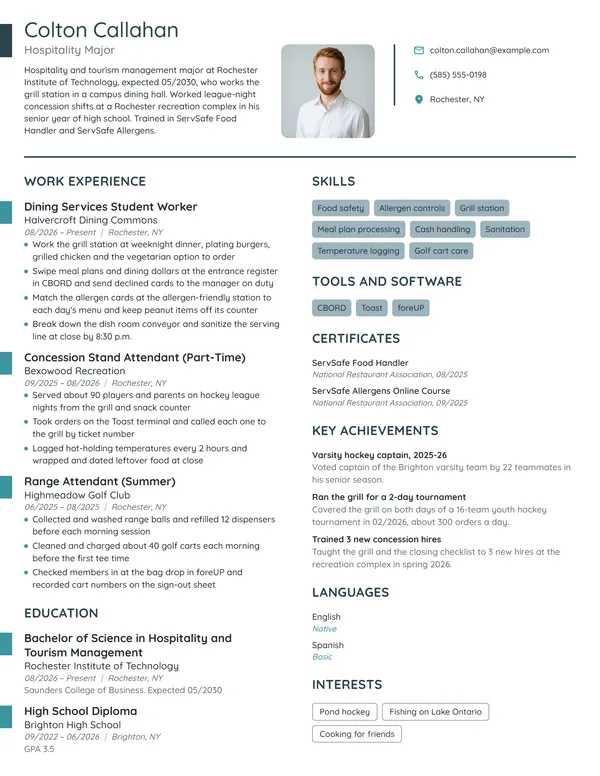 Dining Services Student Worker resume example