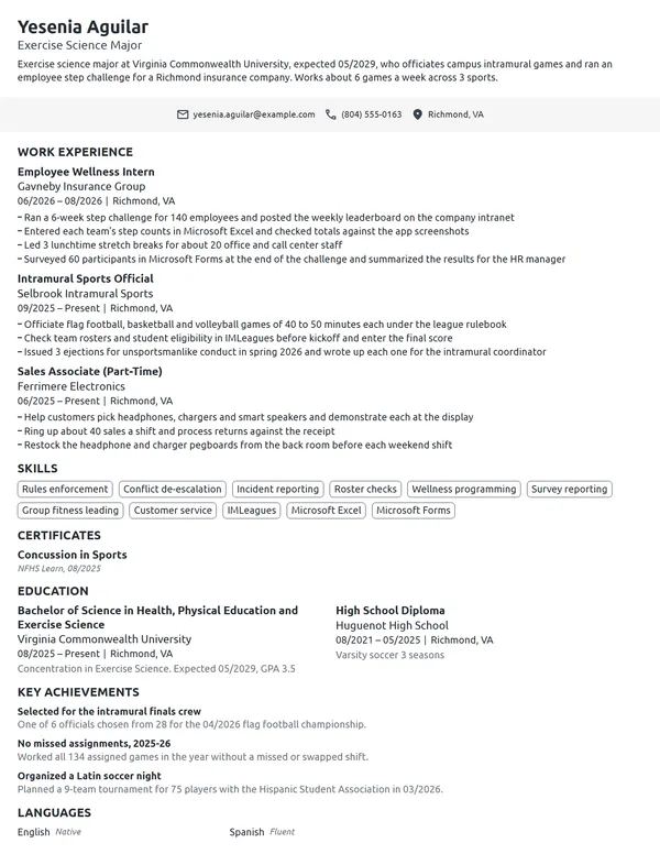 Intramural Sports Official resume example
