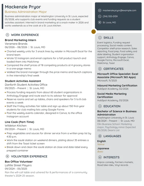 Student Activities Assistant resume example