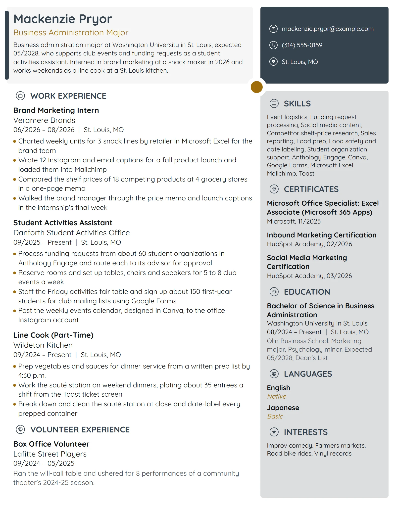 Student Activities Assistant resume example