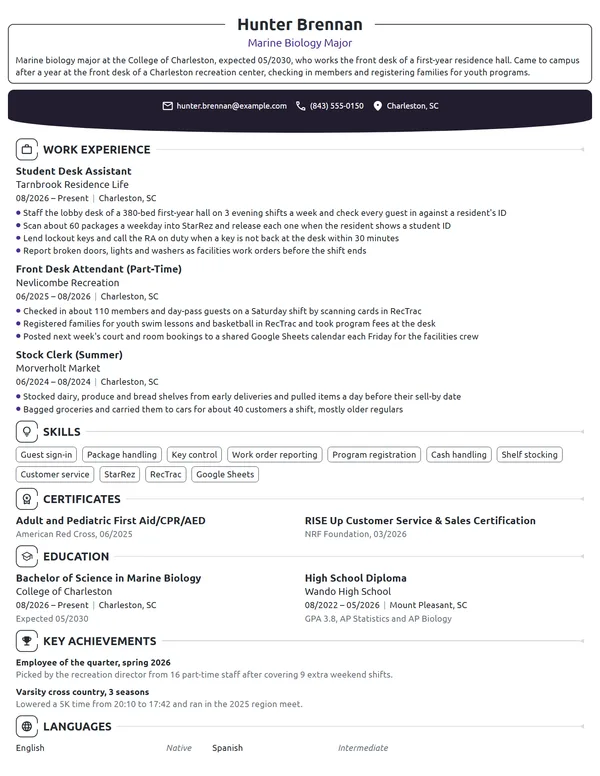 Student Desk Assistant resume example