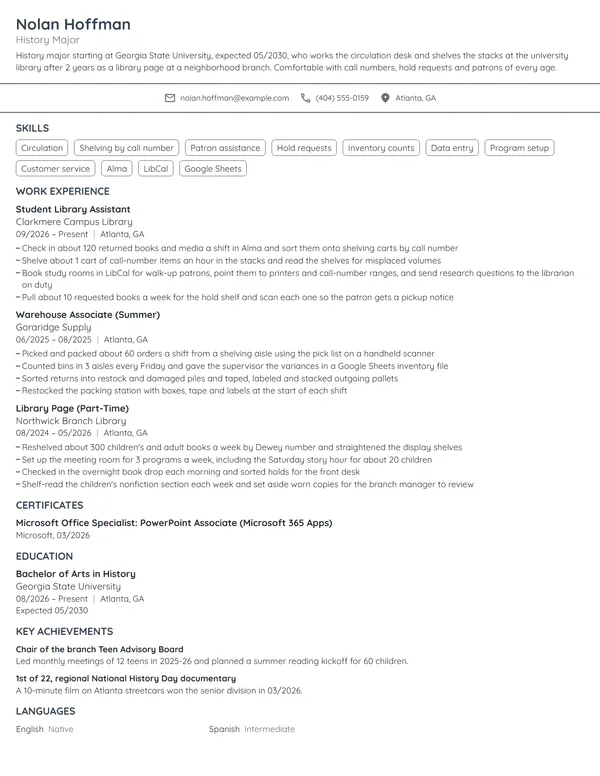 Student Library Assistant resume example