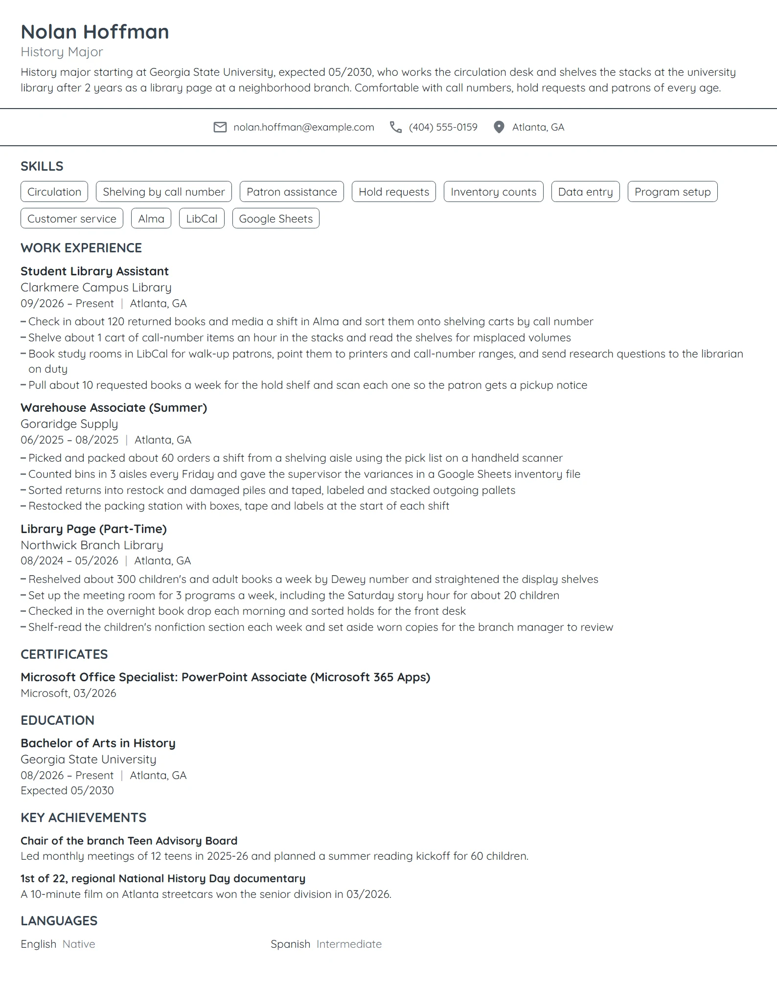 Student Library Assistant resume example