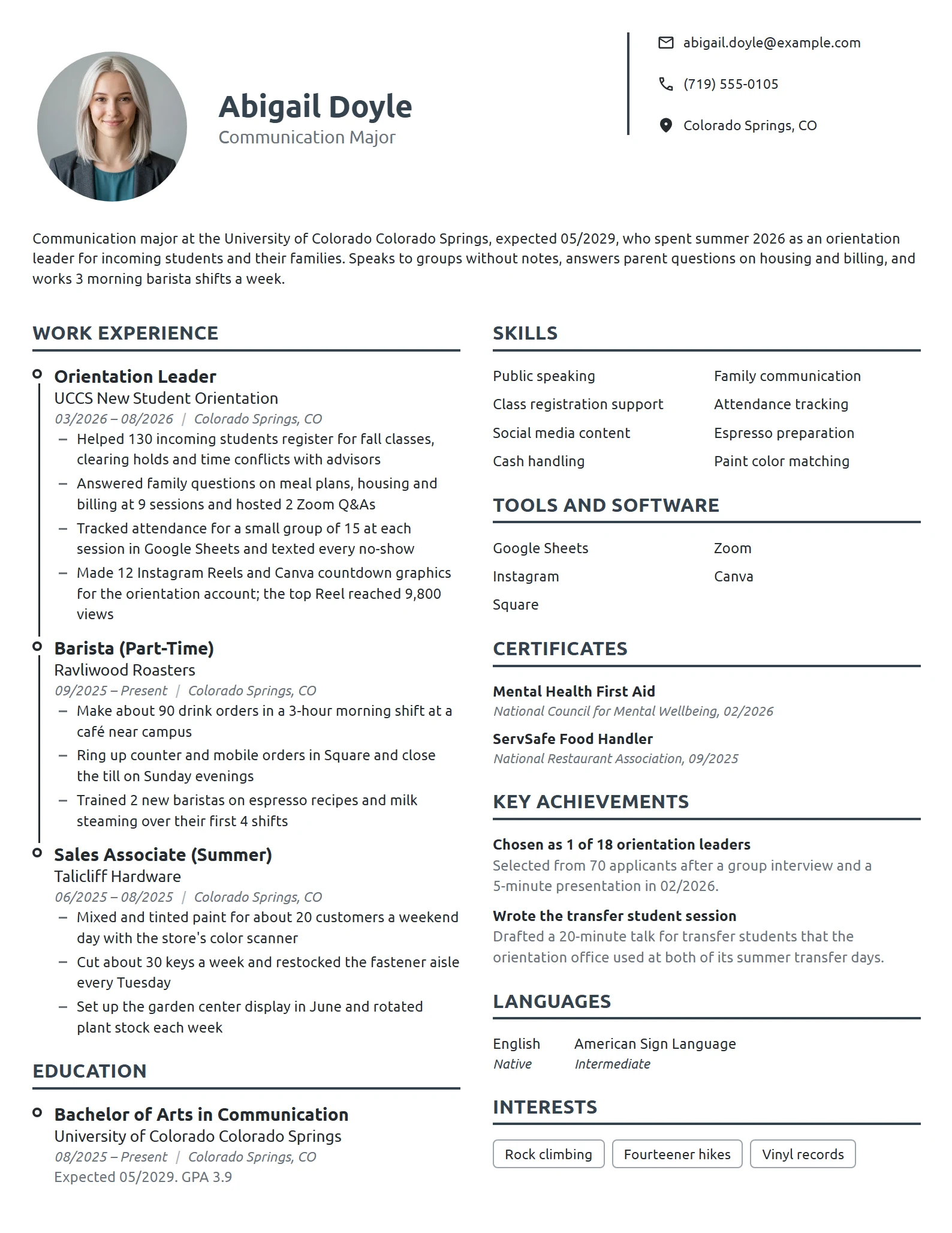 Undergraduate Orientation Leader resume example