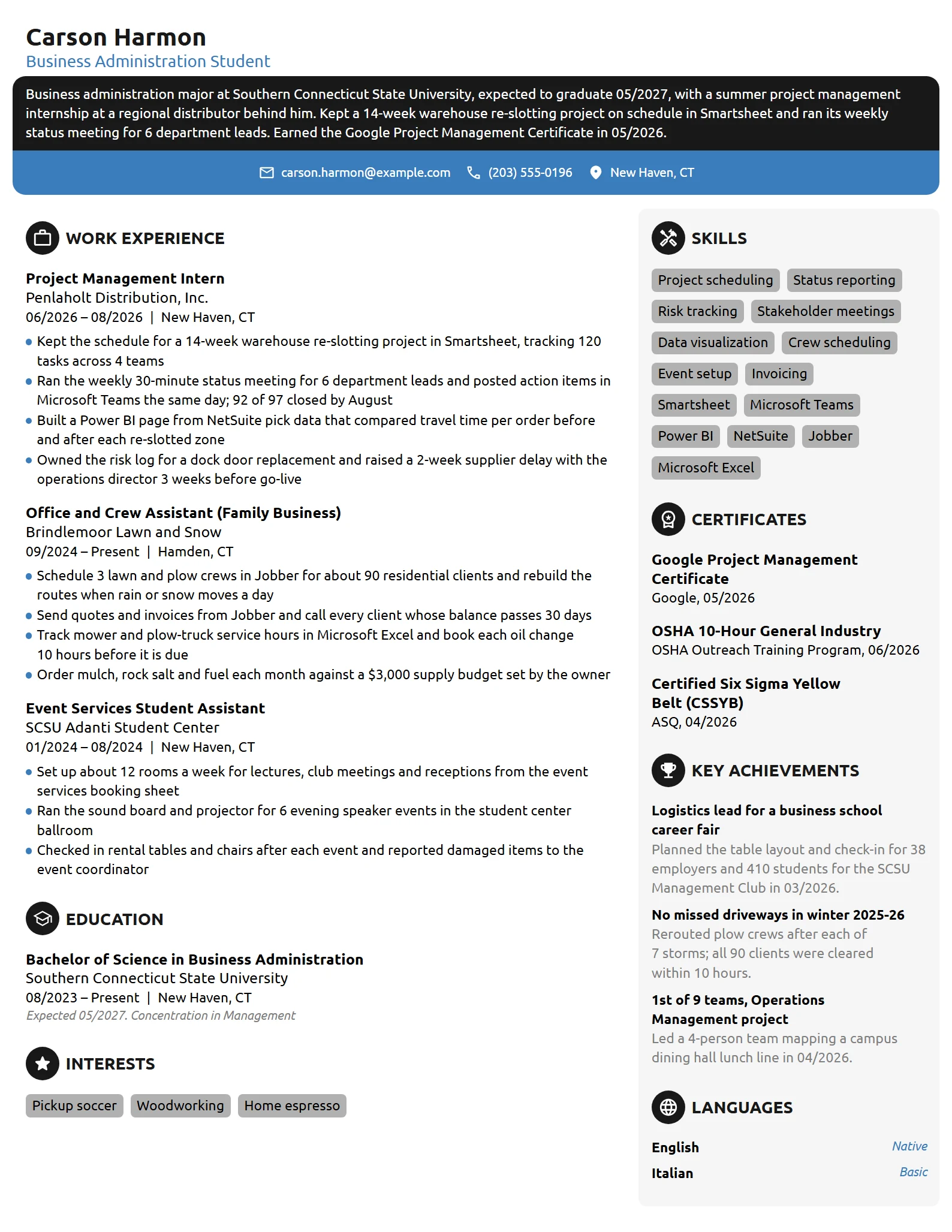Undergraduate Project Management Intern resume example