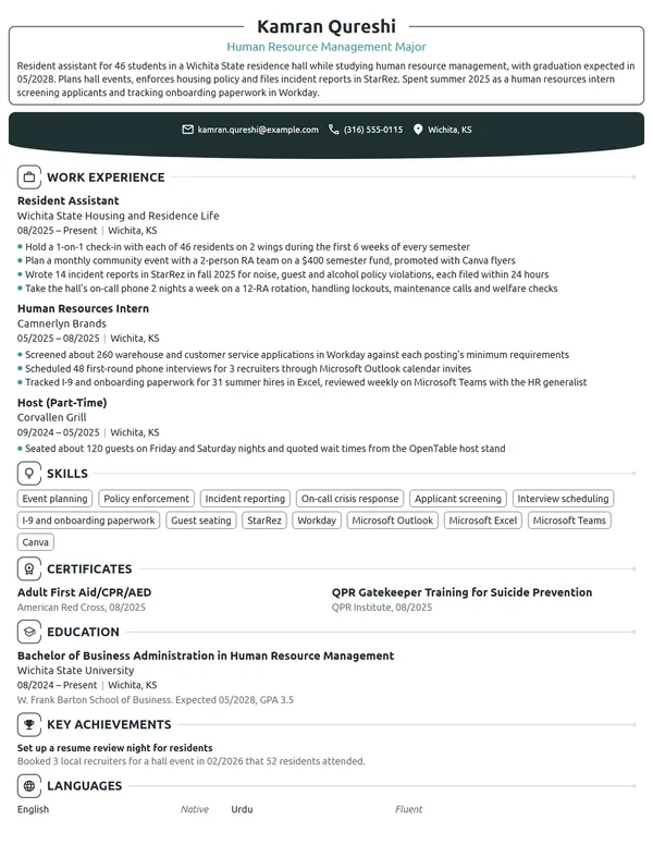 Undergraduate Resident Assistant resume example