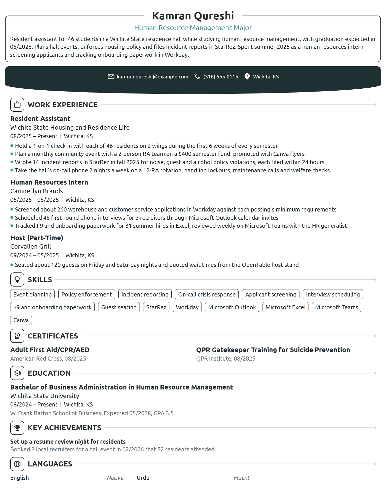 Undergraduate Resident Assistant resume example