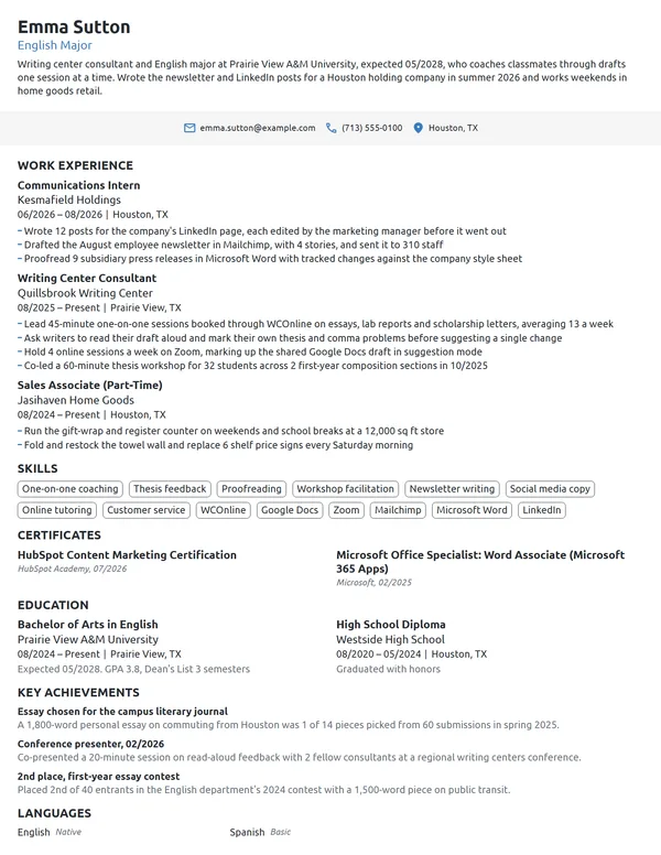 Writing Center Consultant resume example