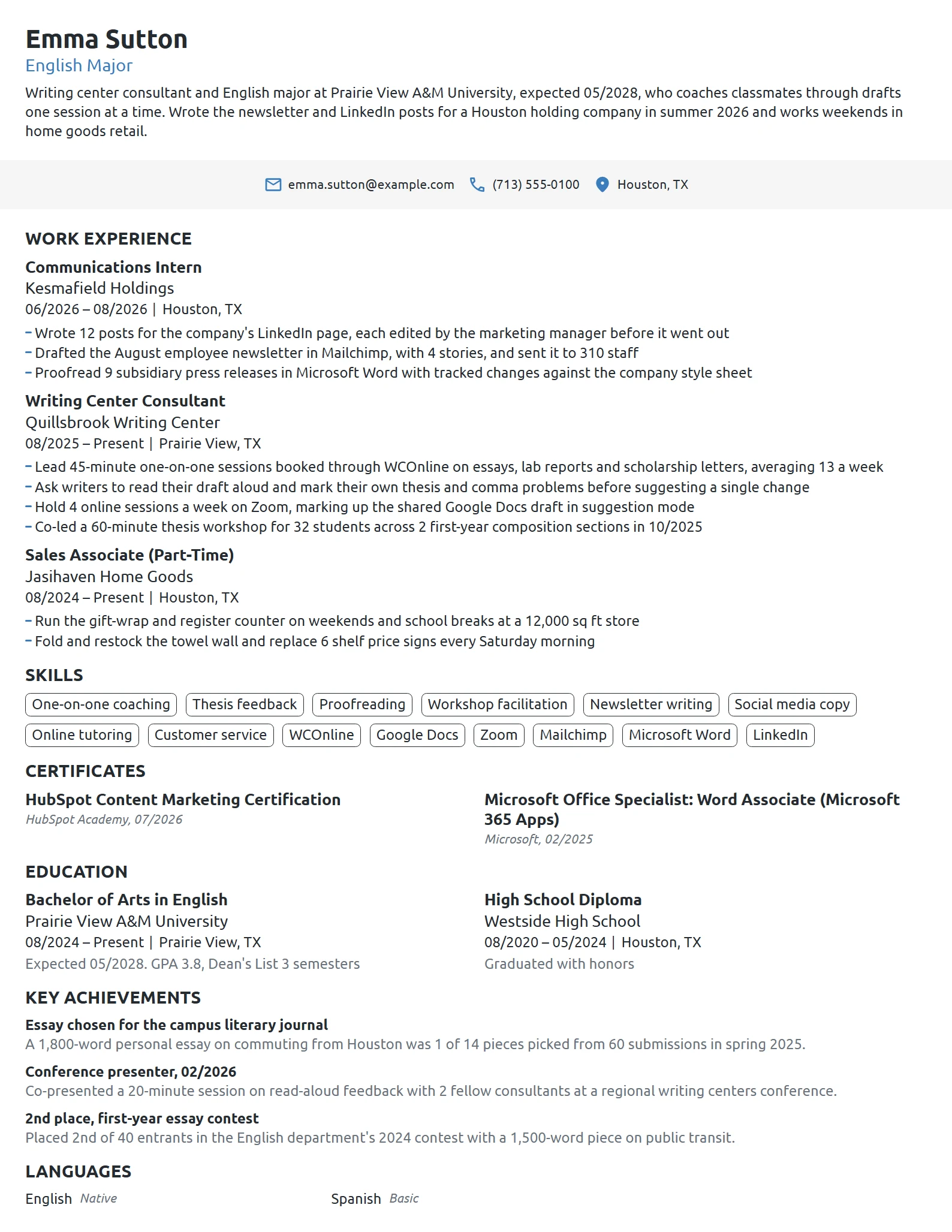Writing Center Consultant resume example