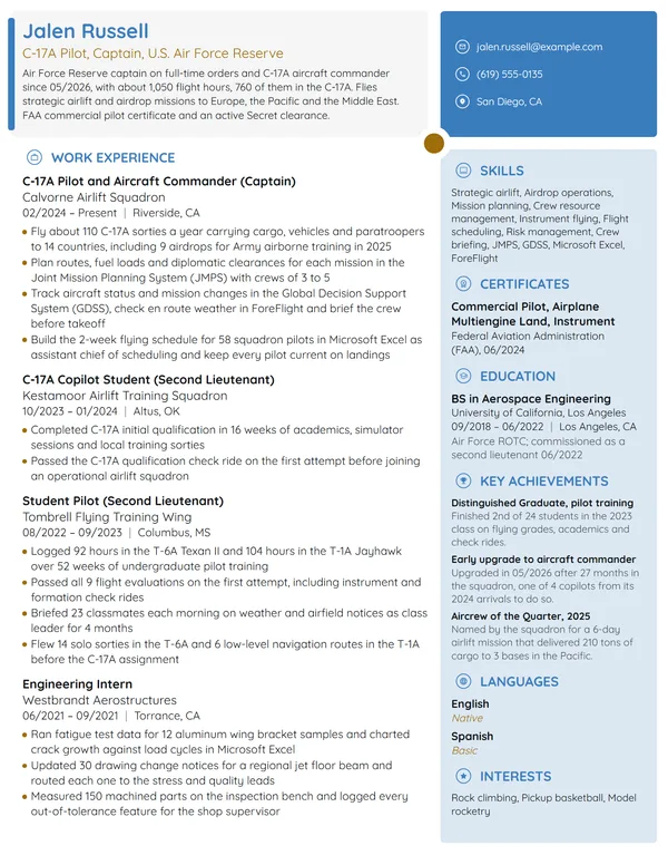 US Air Force Pilot resume example