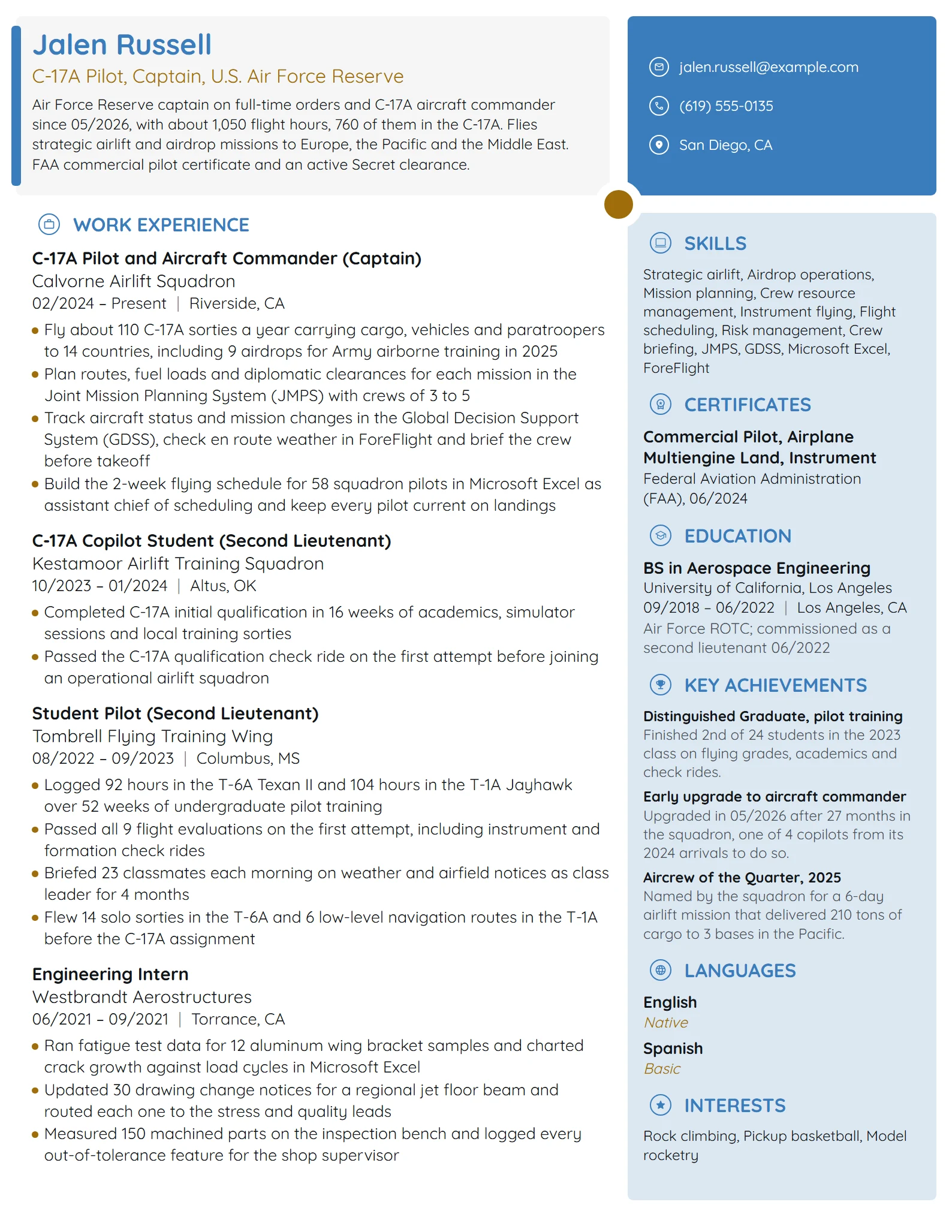 US Air Force Pilot resume example