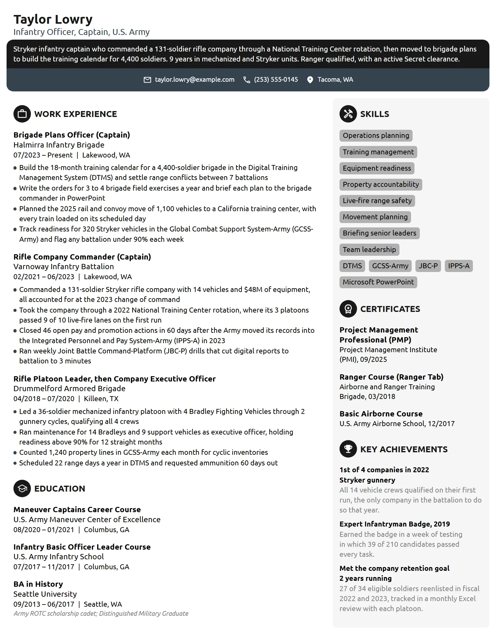 US Army Infantry Officer resume example