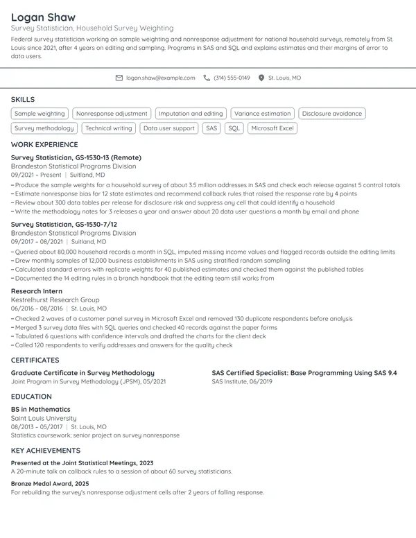 US Census Bureau Statistician resume example