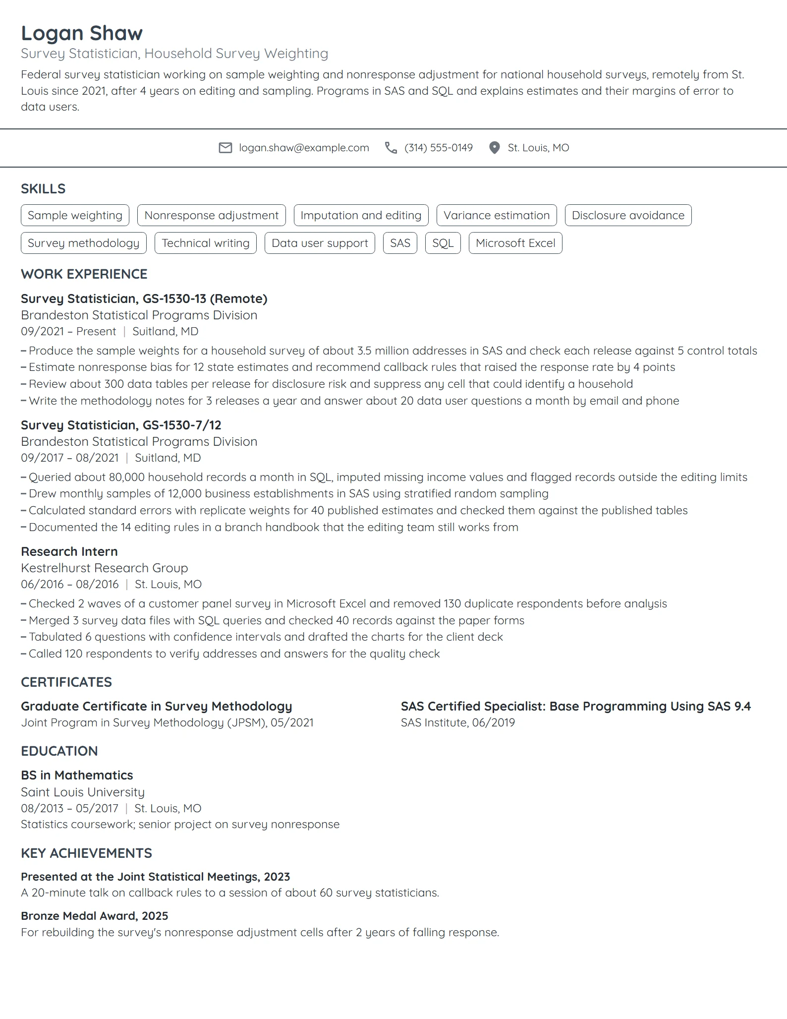 US Census Bureau Statistician resume example