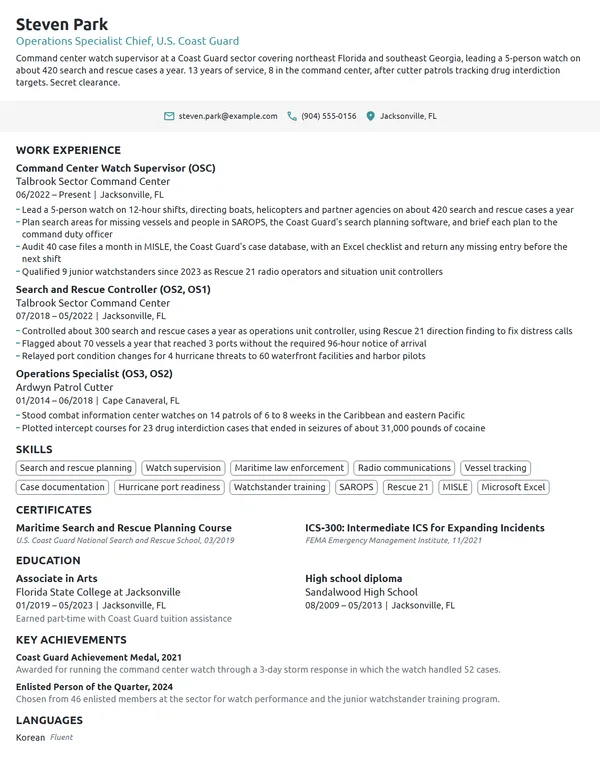US Coast Guard Operations Specialist resume example