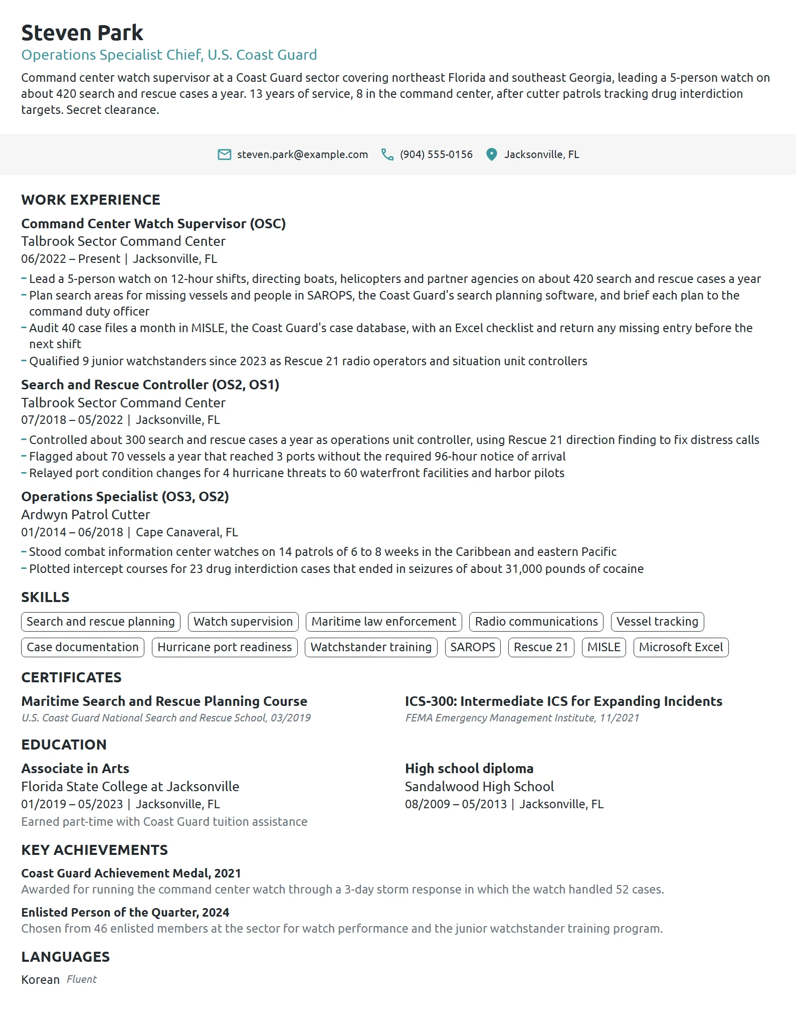US Coast Guard Operations Specialist resume example