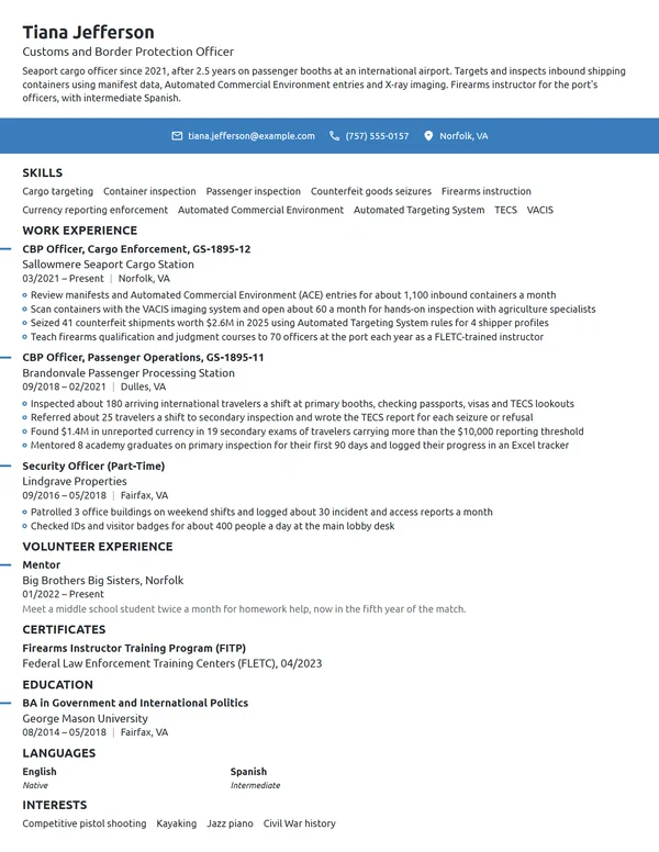 US Customs and Border Protection Officer resume example