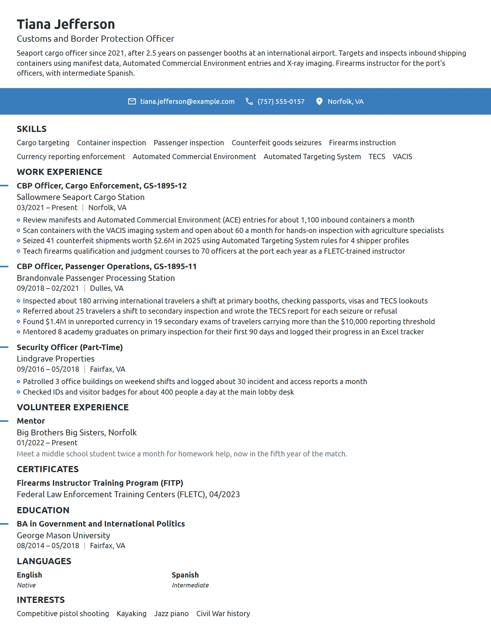 US Customs and Border Protection Officer resume example