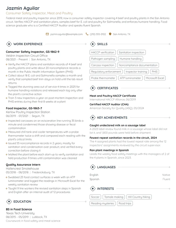 US Department of Agriculture Inspector resume example