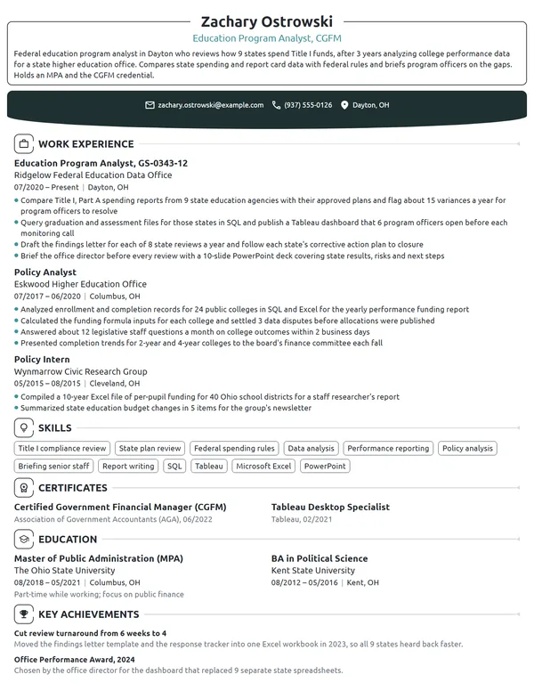 US Department of Education Program Analyst resume example