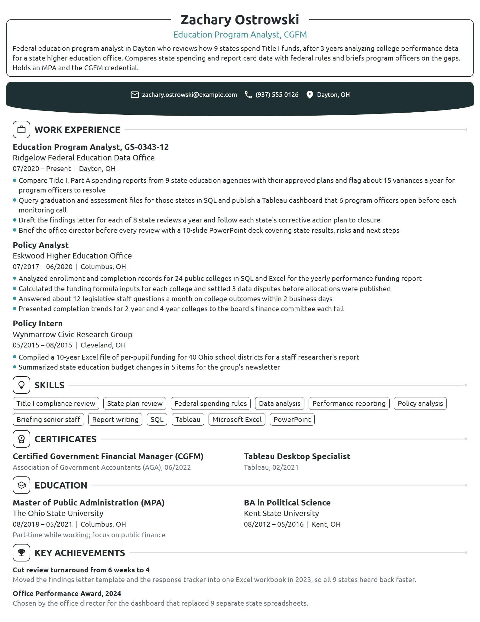 US Department of Education Program Analyst resume example