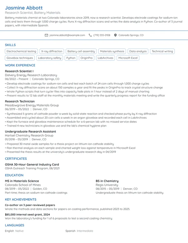 US Department of Energy Research Scientist resume example