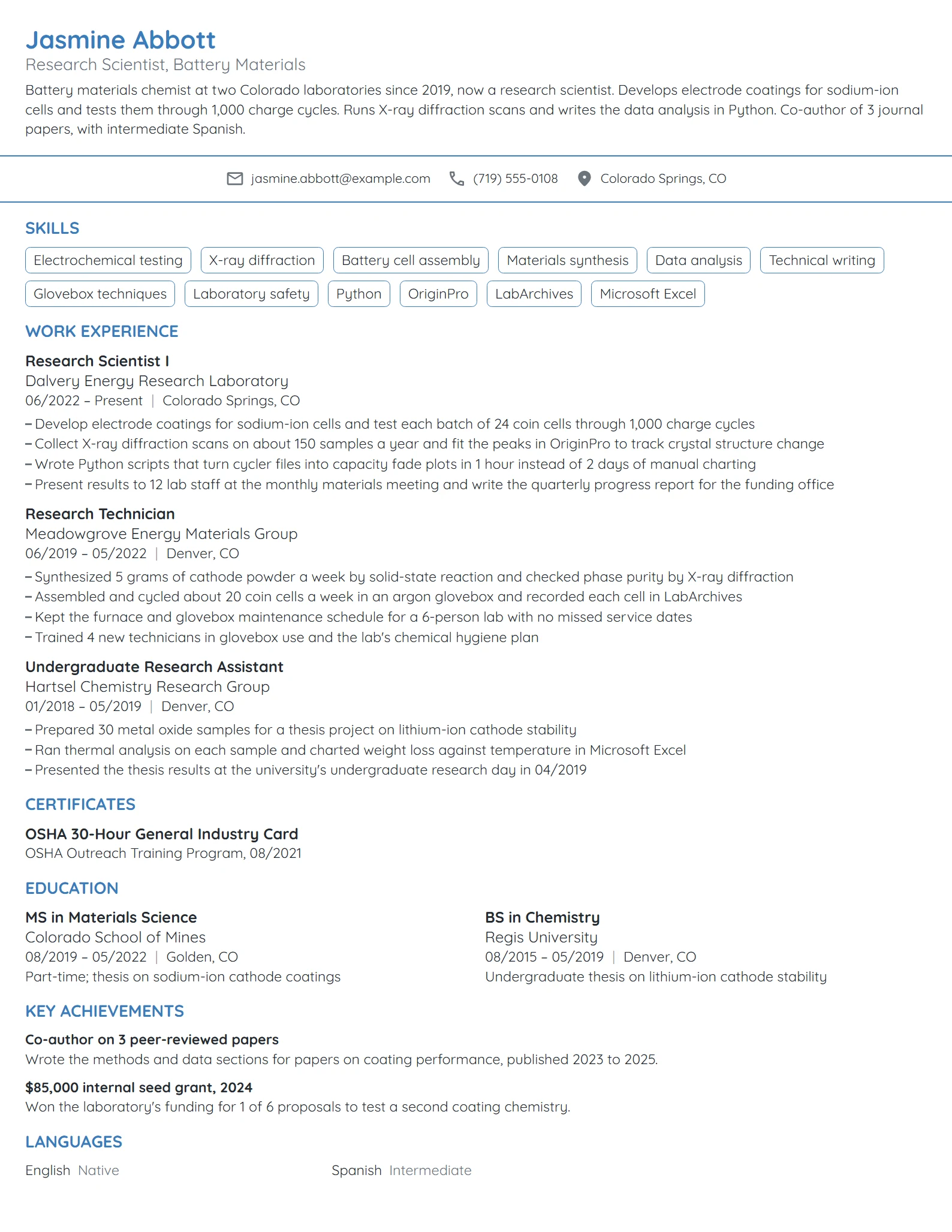 US Department of Energy Research Scientist resume example