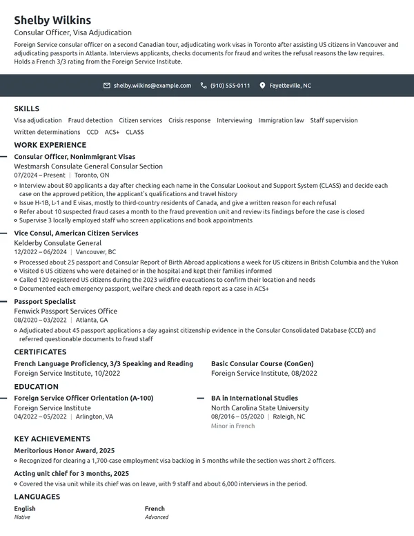 US Embassy Consular Officer resume example