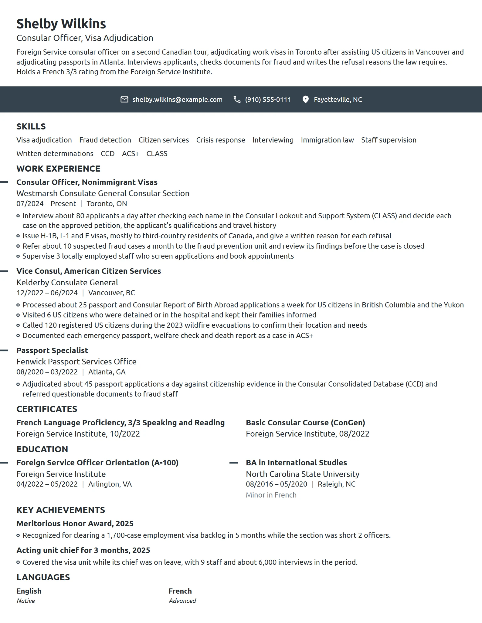 US Embassy Consular Officer resume example