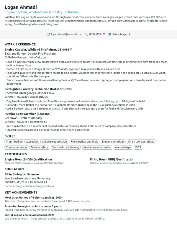 US Forest Service Firefighter resume example