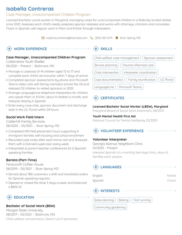 US Health and Human Services Case Manager resume example