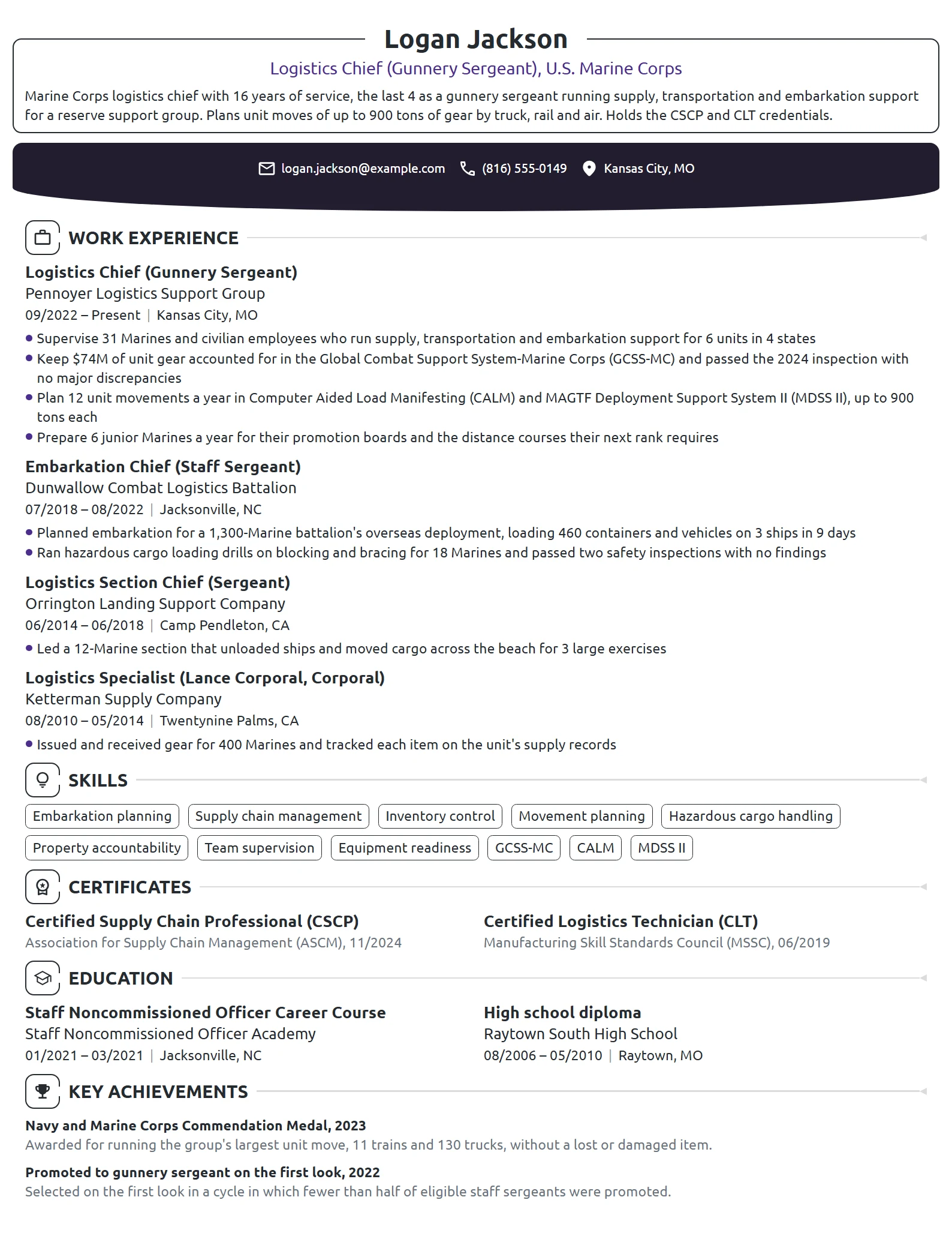 US Marine Corps Logistician resume example