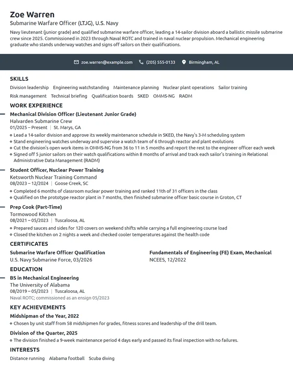 US Navy Submarine Officer resume example