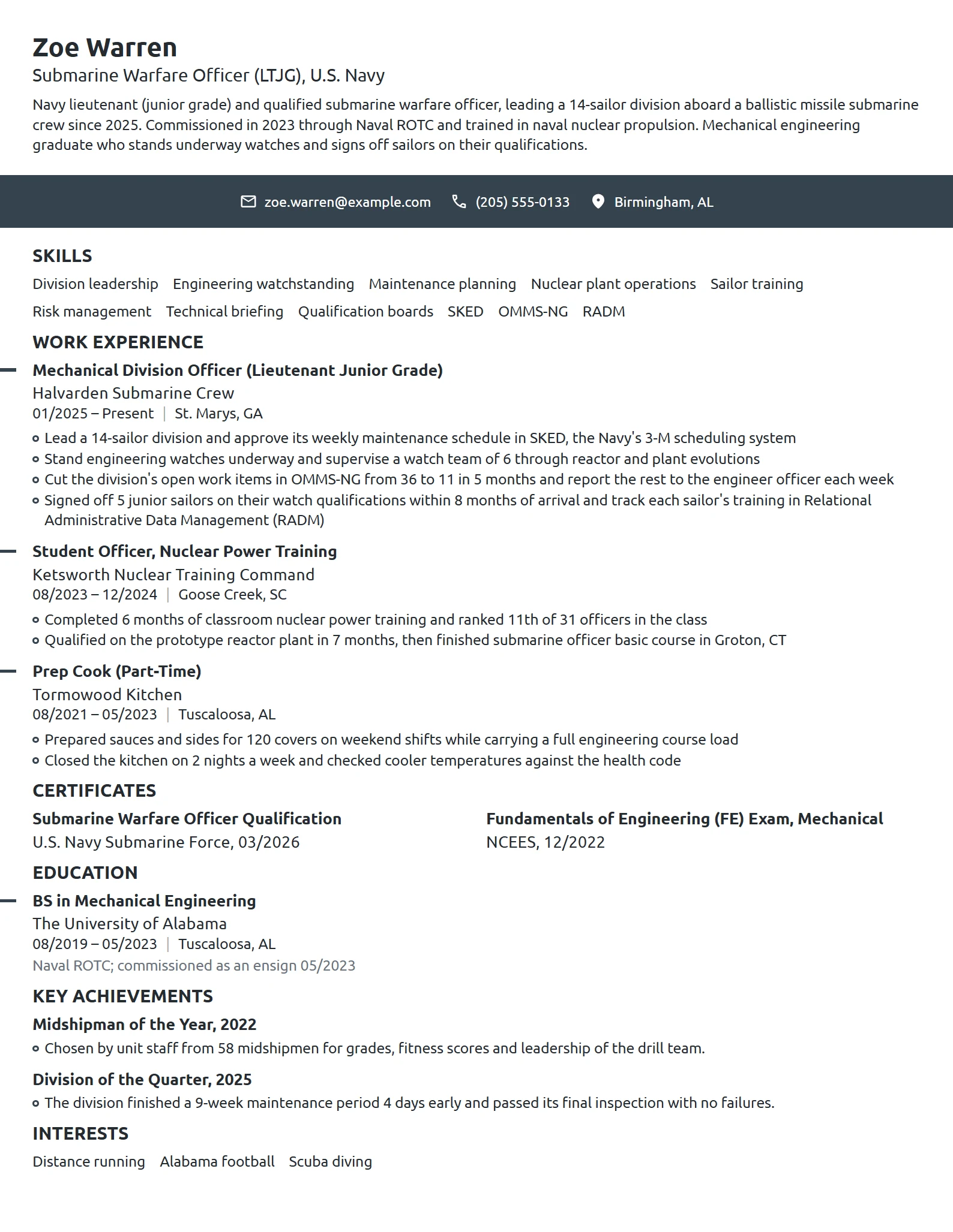 US Navy Submarine Officer resume example