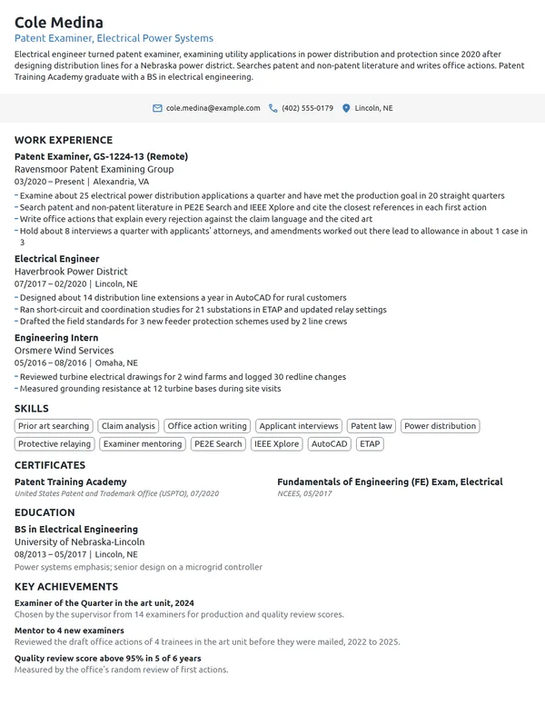 US Patent Examiner resume example