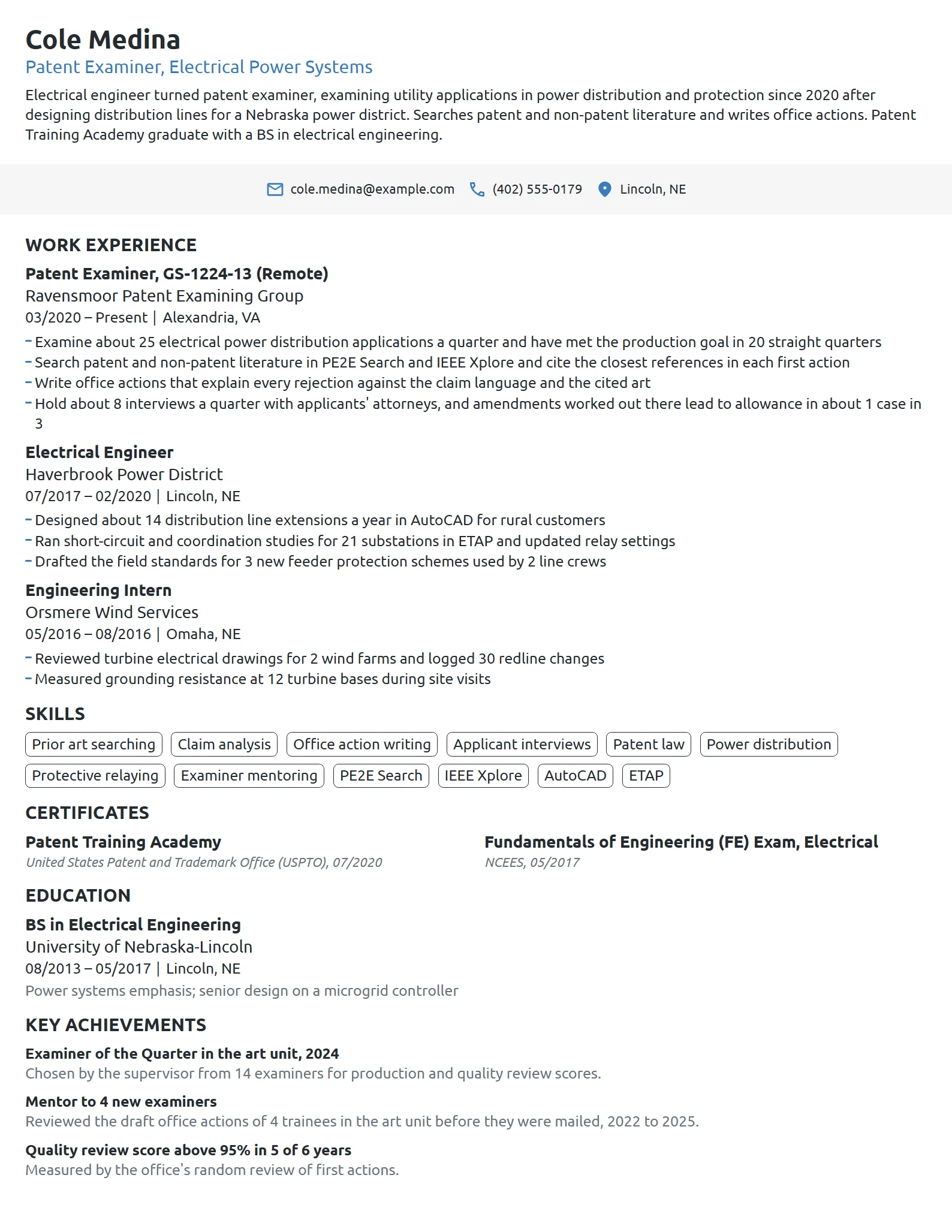 US Patent Examiner resume example