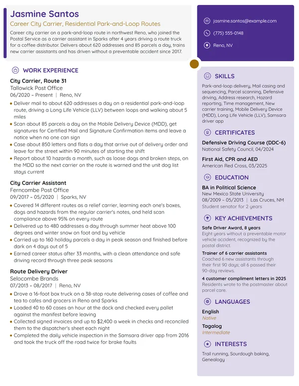 US Postal Service Mail Carrier resume example