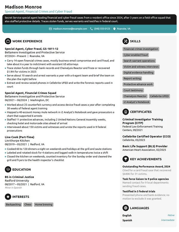US Secret Service Special Agent resume example