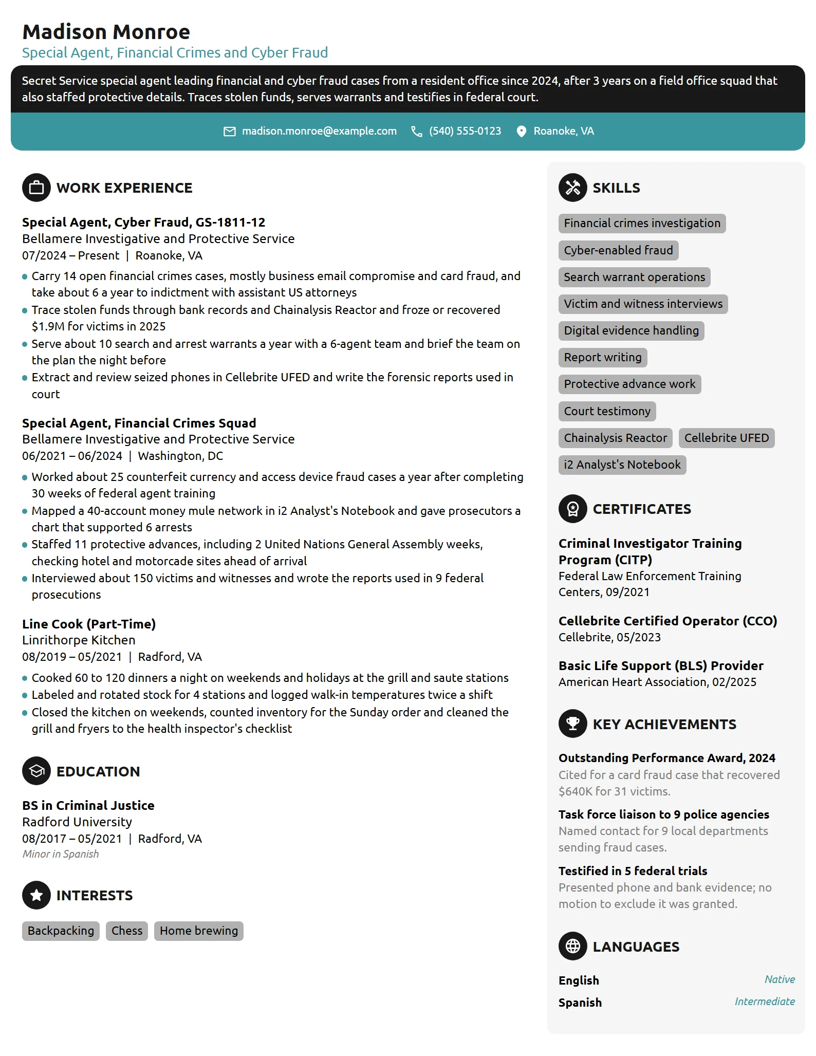 US Secret Service Special Agent resume example