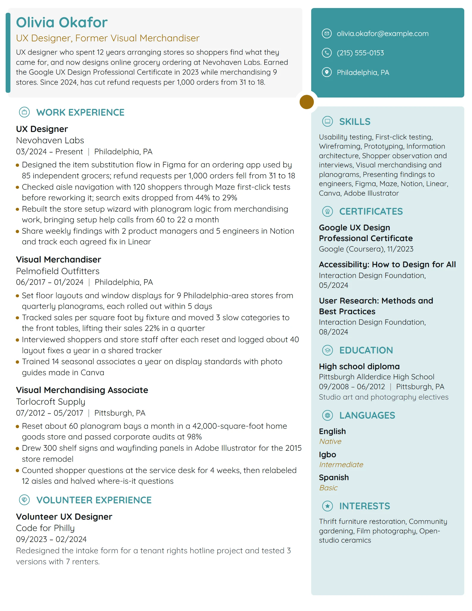 Career Change UX Designer resume example