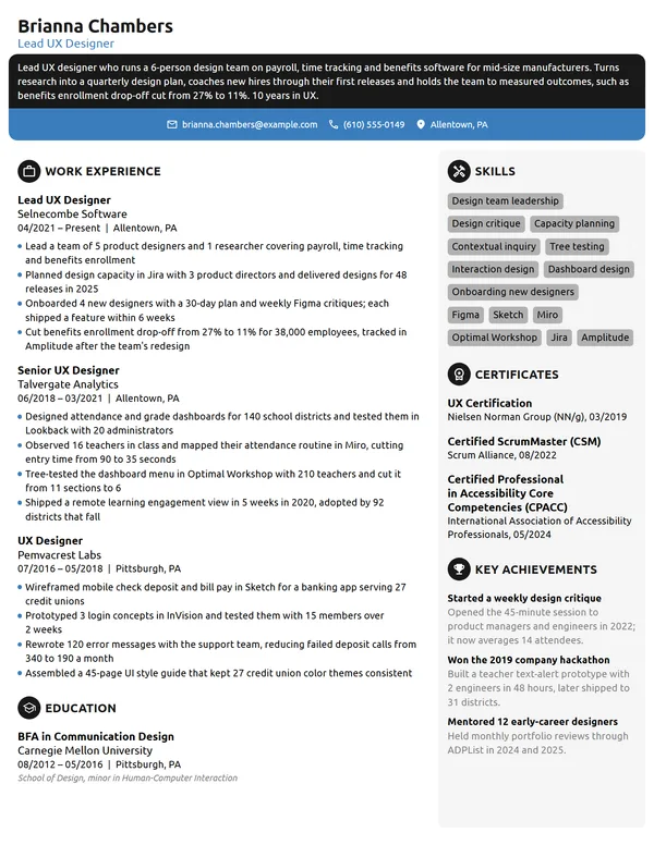 Lead UX Designer resume example
