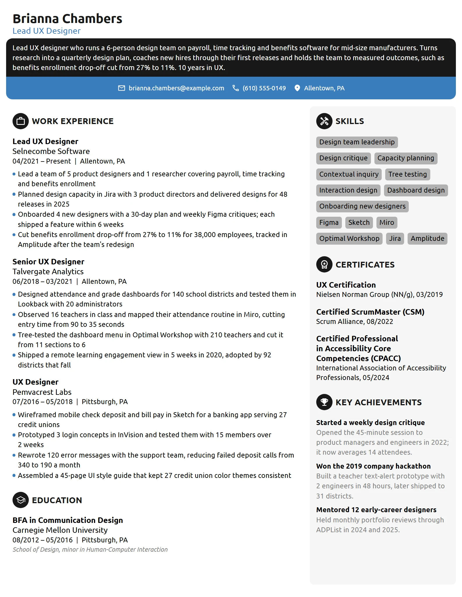 Lead UX Designer resume example