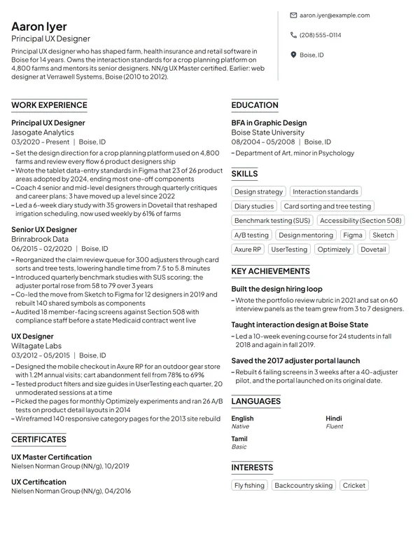 Principal UX Designer resume example