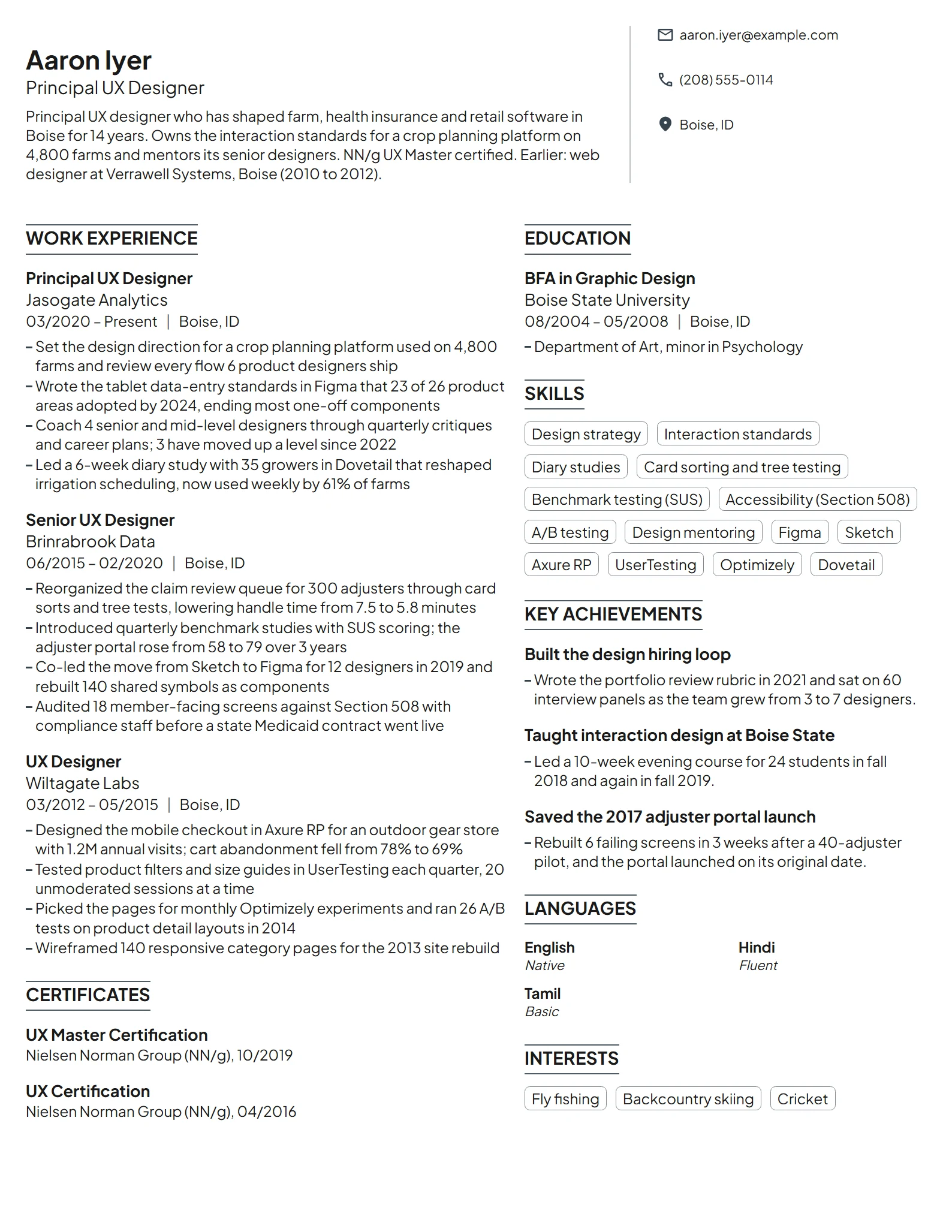 Principal UX Designer resume example