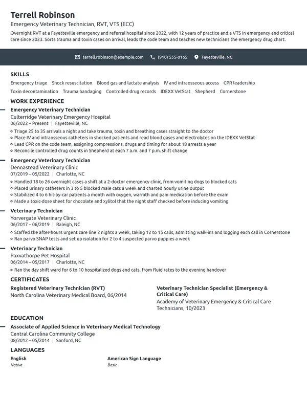 Emergency Veterinary Technician resume example