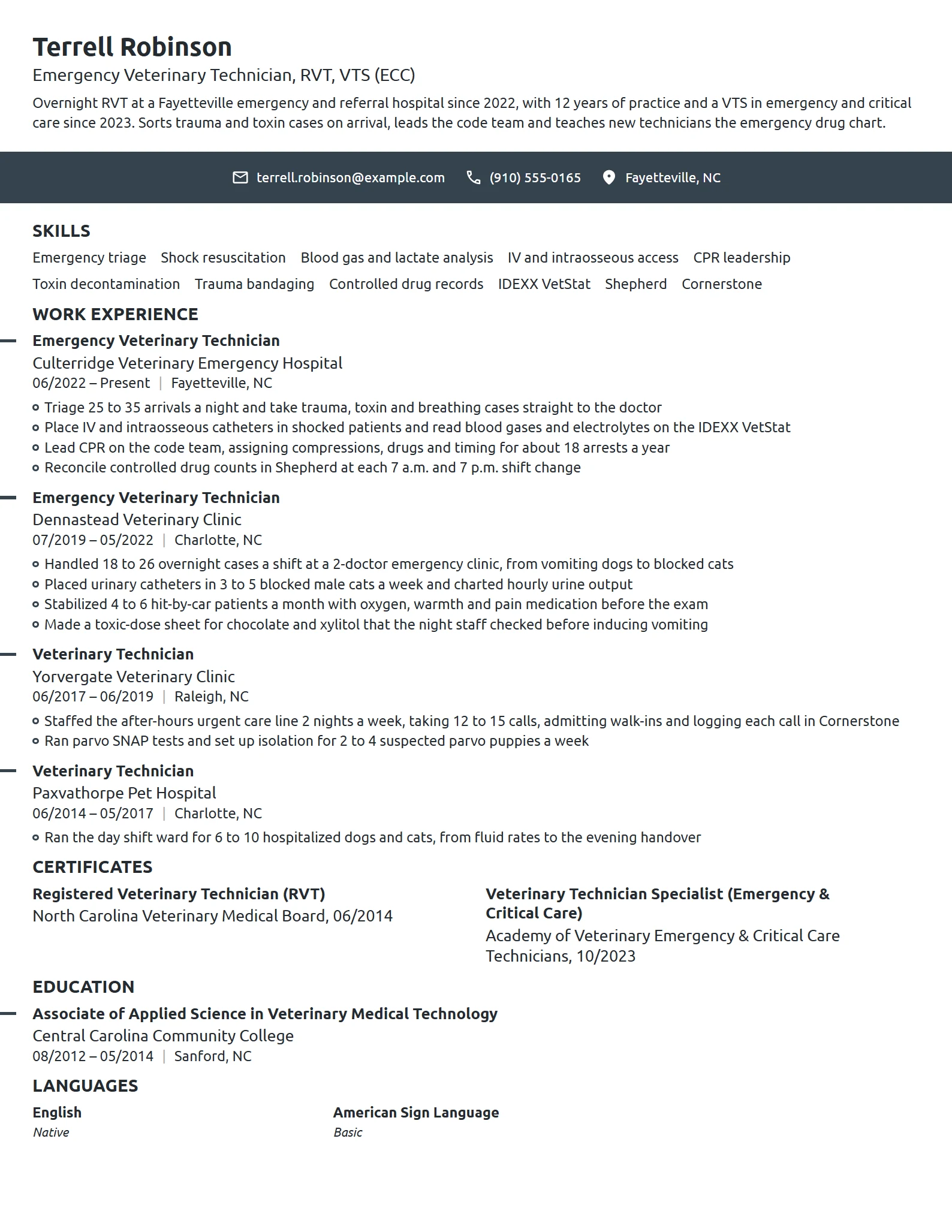 Emergency Veterinary Technician resume example