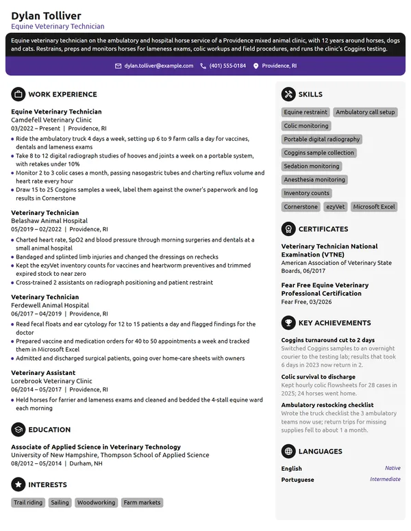 Equine Veterinary Technician resume example