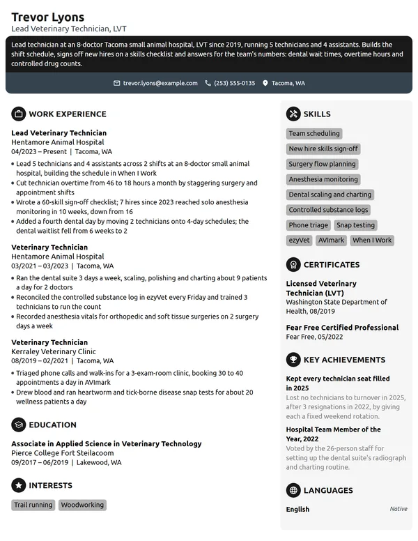 Lead Veterinary Technician resume example